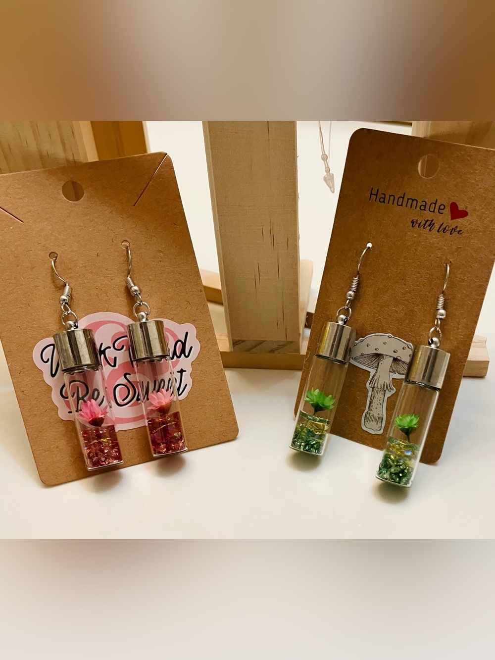 Handmade Glass Jar Earrings, Shimmering In Floral Resin, Gold,Silver Accents,